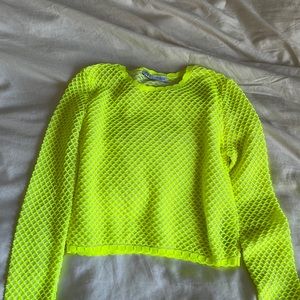 Zara Neon Yellow Cropped Textured Fishnet Sweater